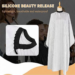 חלוק למסתפר עם סגירת סיליקון צבע לבן BarberPRO AC1365-4S עם פסים שחורים דקים חלוק למסתפר עם סגירת סיליקון צבע לבן BarberPRO AC1365-4S עם פסים שחורים דקים