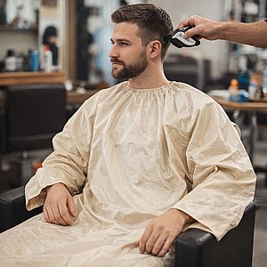 חלוק למסתפר עם שרוולים בצבע קרם BarberPRO - סגירת וו קרס חלוק למסתפר עם שרוולים בצבע קרם BarberPRO - סגירת וו קרס